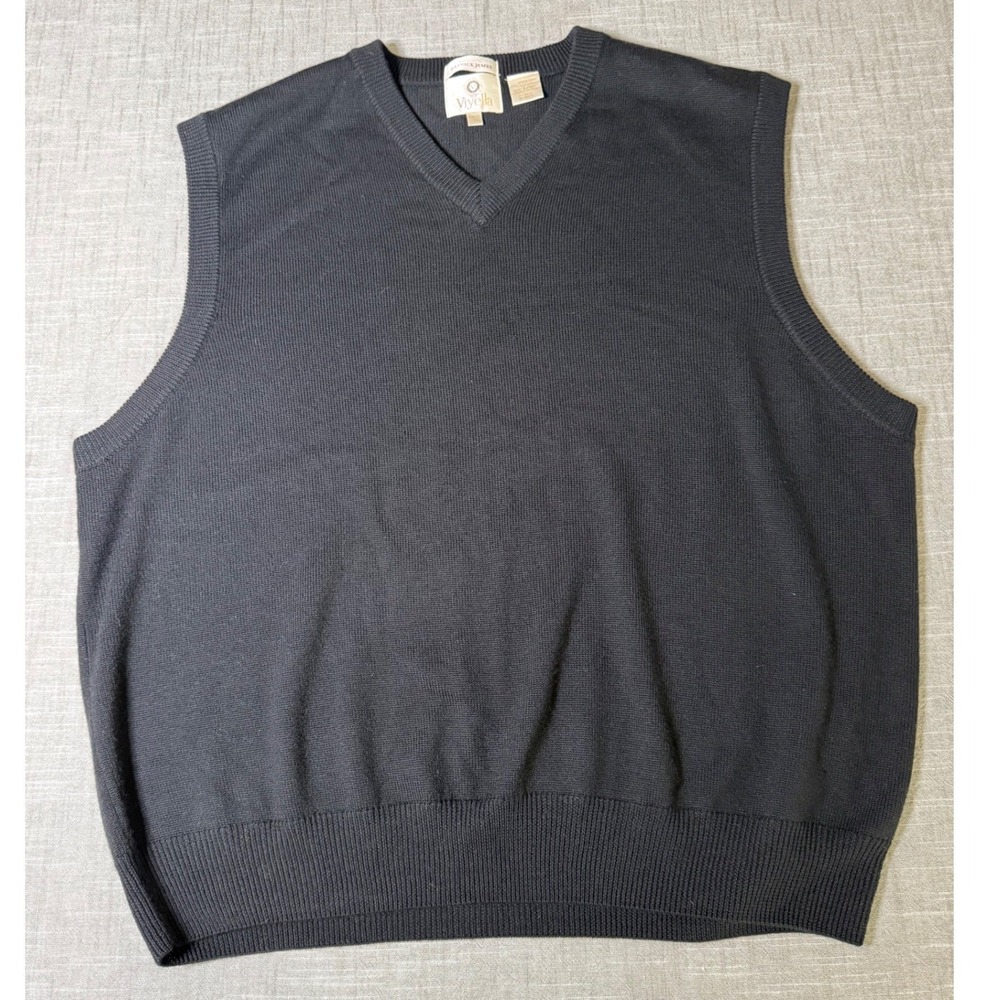 Viyella Patrick James Mens XXL Black Merino Wool V-Neck Sweater Vest‎ Pullover